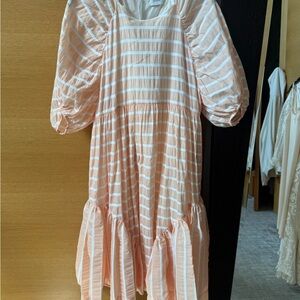 Kids Puff Sleeve Striped Dress - Peach & White